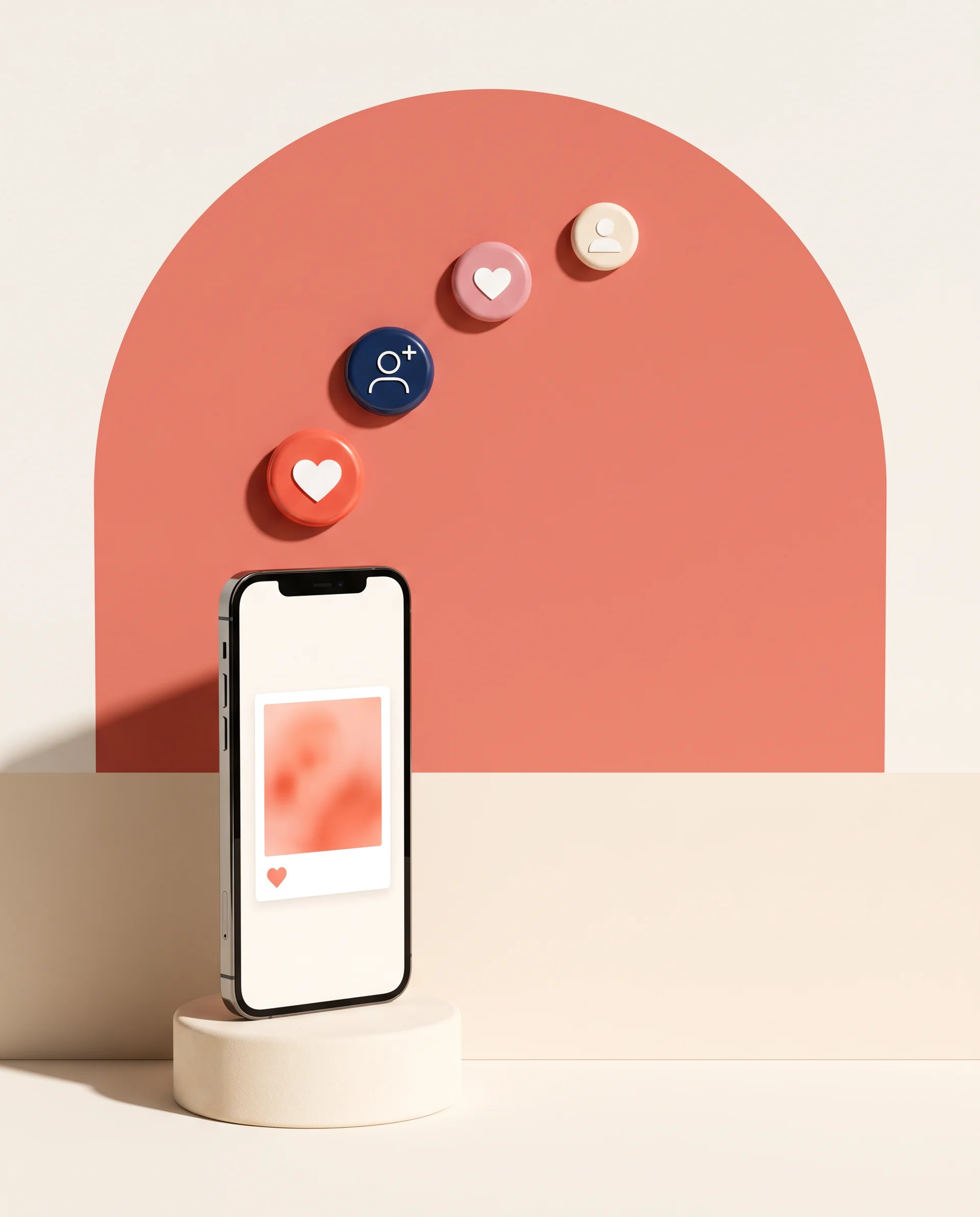 Smartphone on a pedestal with social media like and follow icons floating above a terracotta arch